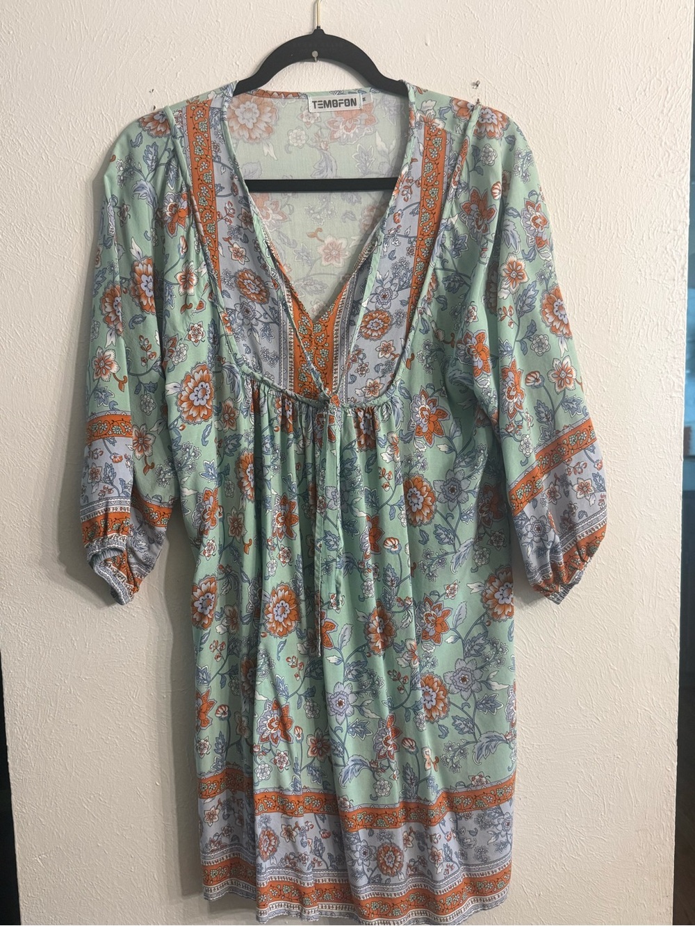 Mint Floral Boho V-Neck Tunic with Orange Accents